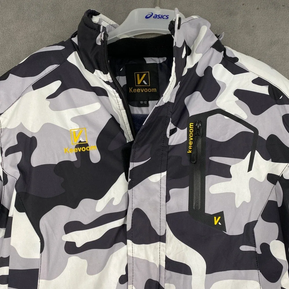 Keevoom Boys Camo Ski Jacket Grey Black Fleece Lined Waterproof Size 10-12